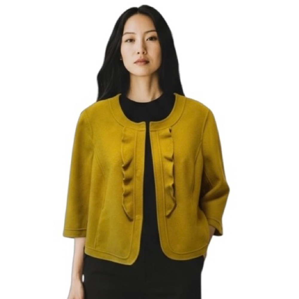 Talbots Wool Blend Jacket Coat Blazer 14WP Round Neck Chartreuse 3/4 Sleeve